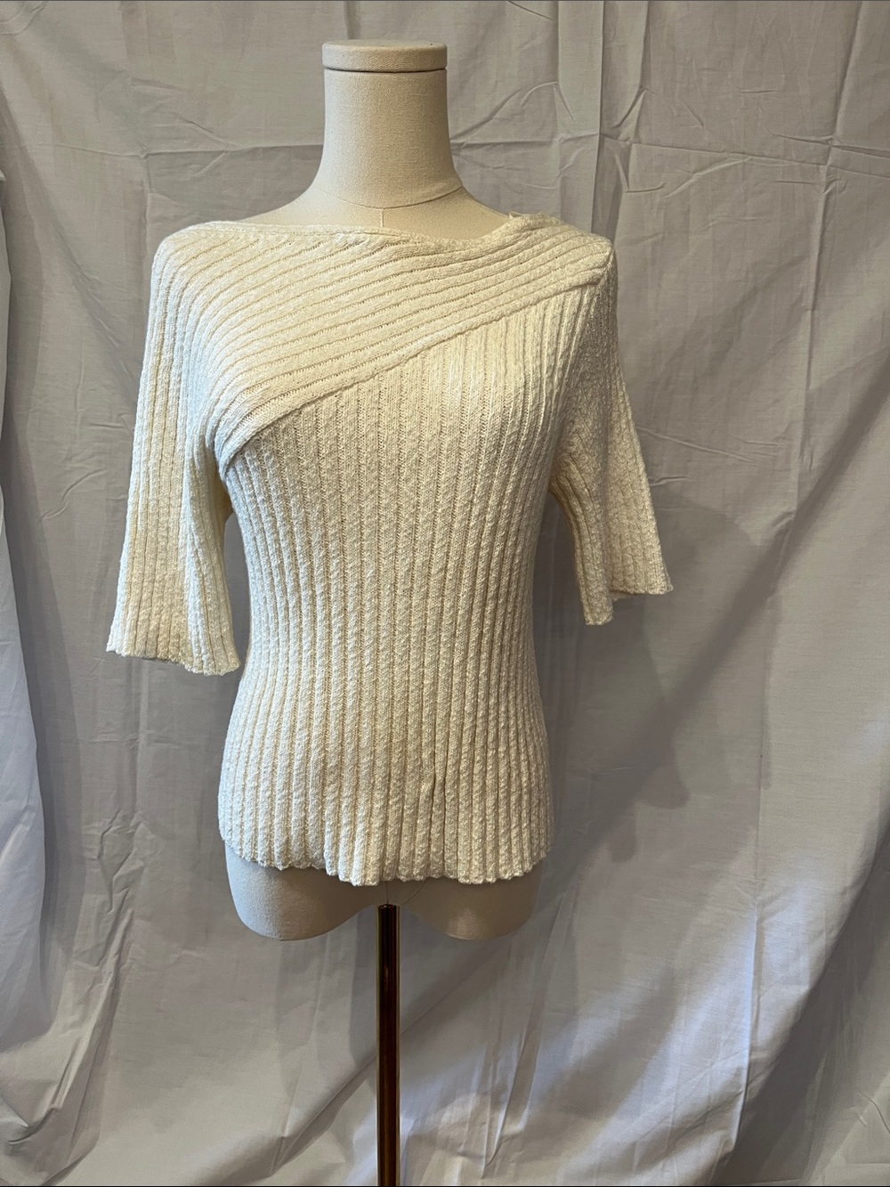 Maeve Cream Ribbed Knit Short-Sleeve Sweater